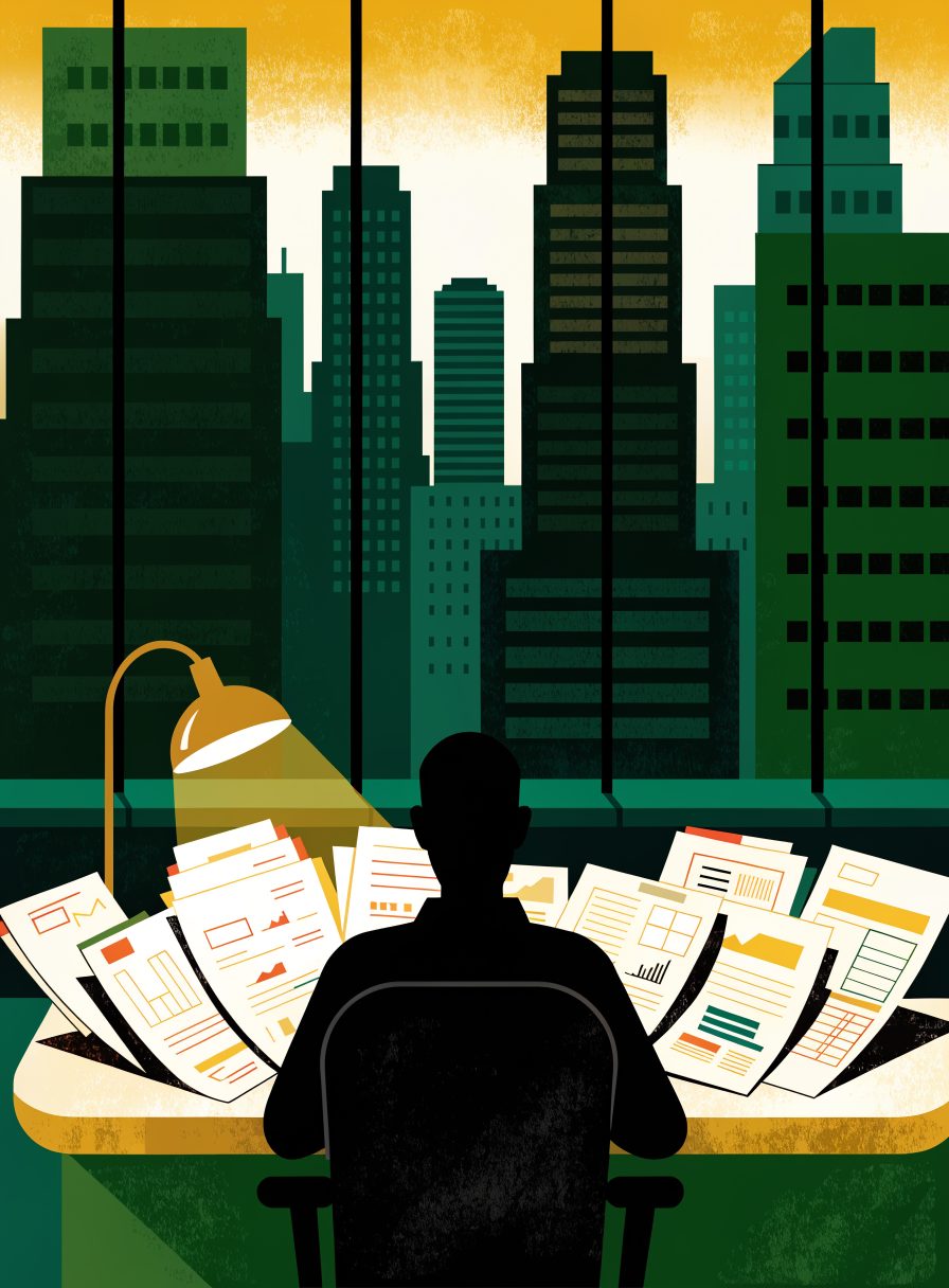 Editorial illustration: an analyst at a desk of annotated reports overlooking a city