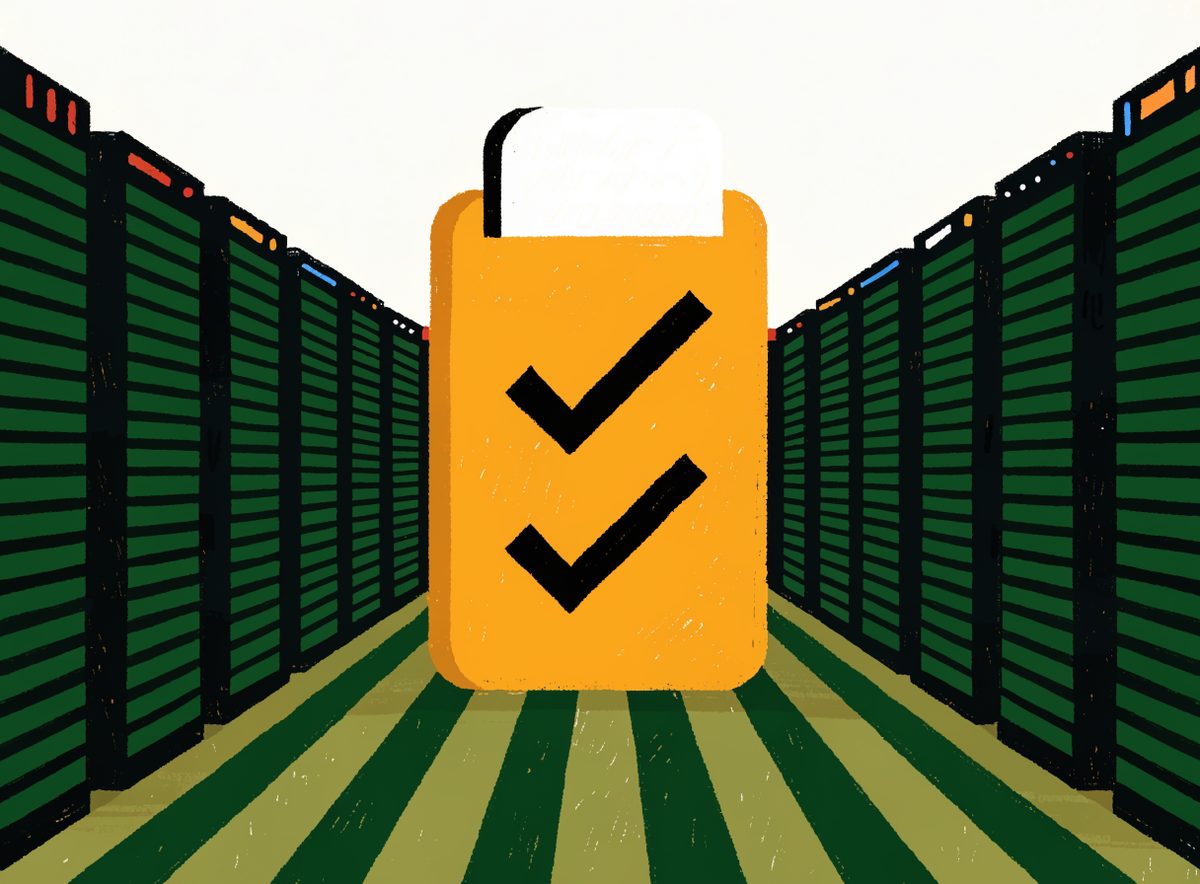 Editorial illustration: server hall with a golden audit checklist