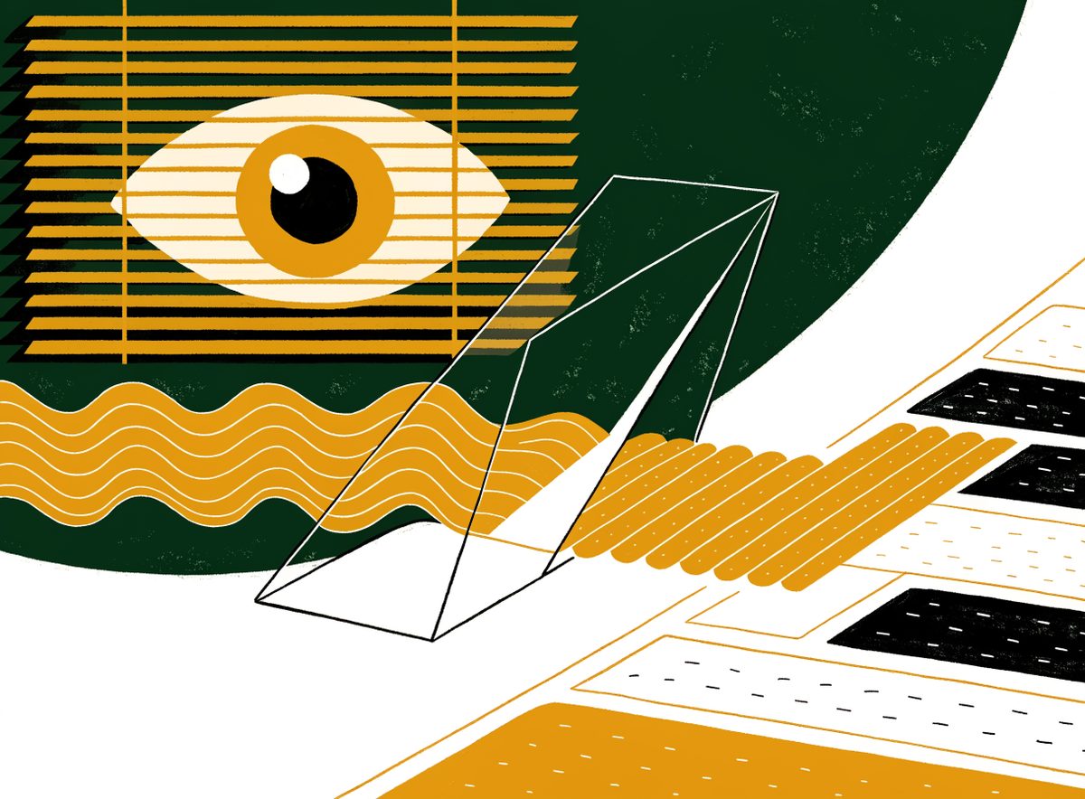 Editorial illustration: data streams split through a glass prism