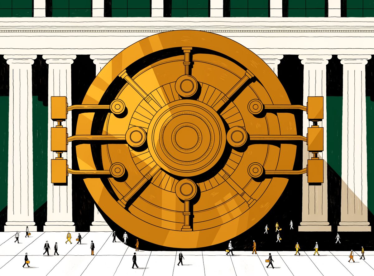 Editorial illustration: a bank vault door among marble columns