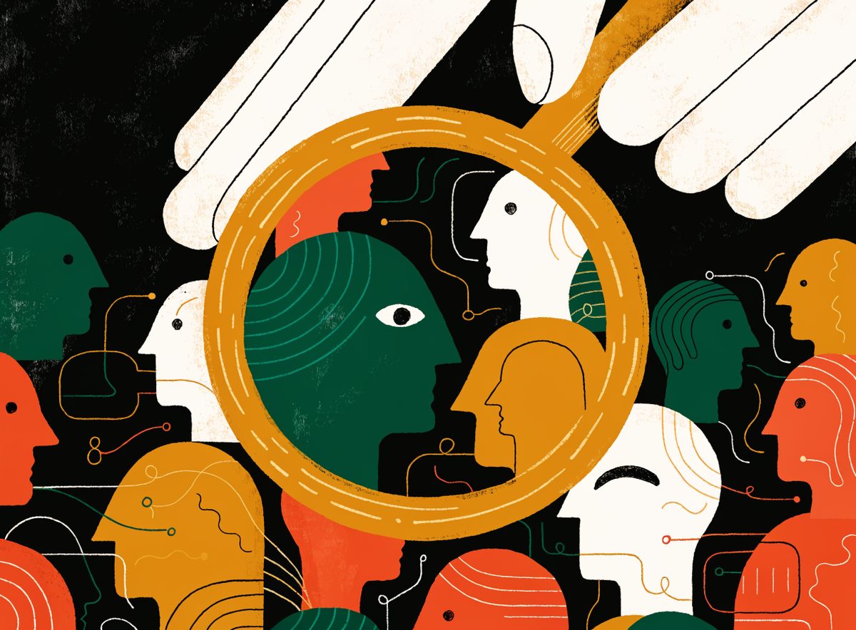 Editorial illustration: a social web examined under a magnifying glass