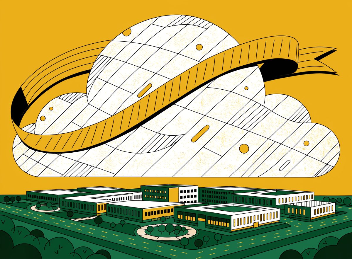 Editorial illustration: a geometric cloud wrapped in a certification ribbon