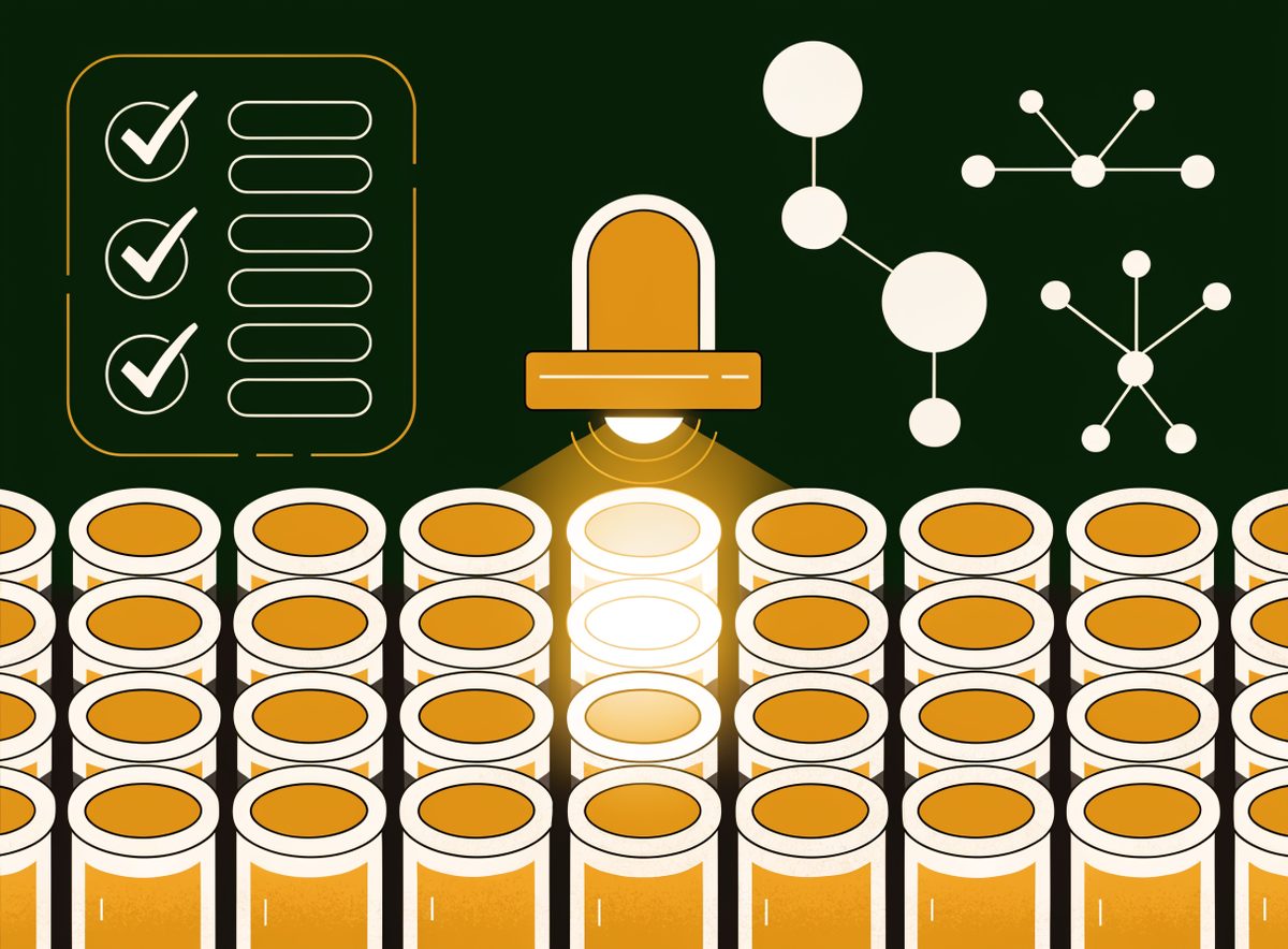 Editorial illustration: laboratory vials under an inspection lamp
