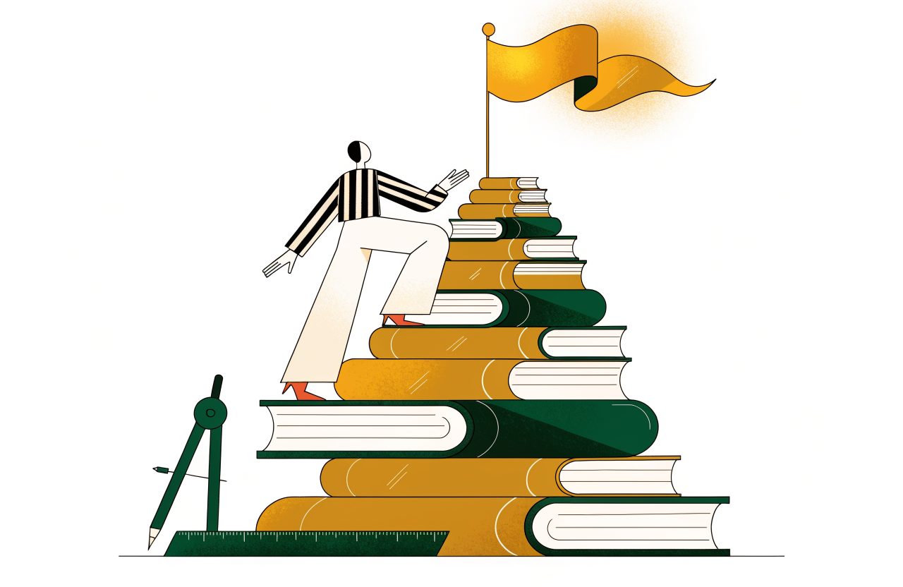 Editorial illustration: climbing a staircase of books toward a golden flag