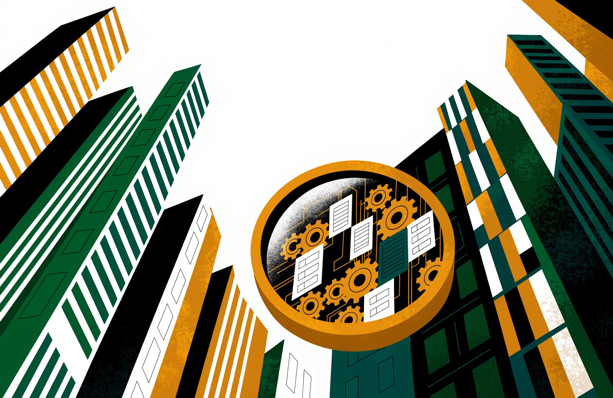 Editorial illustration: a magnifying lens revealing the machinery inside corporate towers